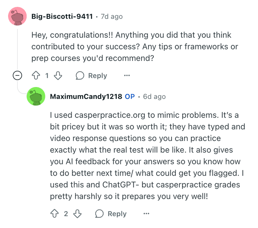 Reddit comment screenshot showing positive feedback about CasperPractice pricing