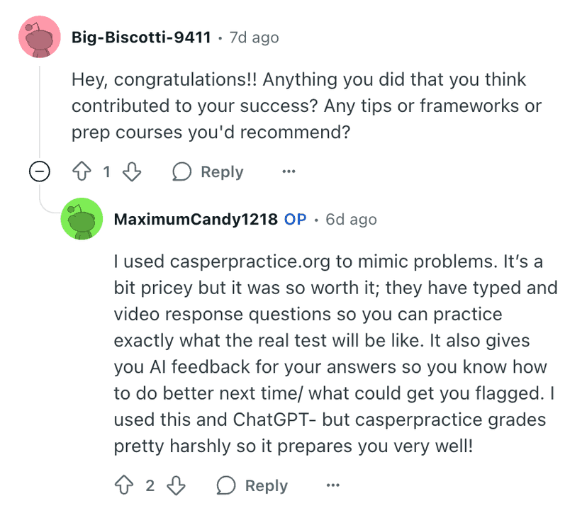 Screenshot of a Reddit comment on r/CASPerTest recommending CasperPractice.