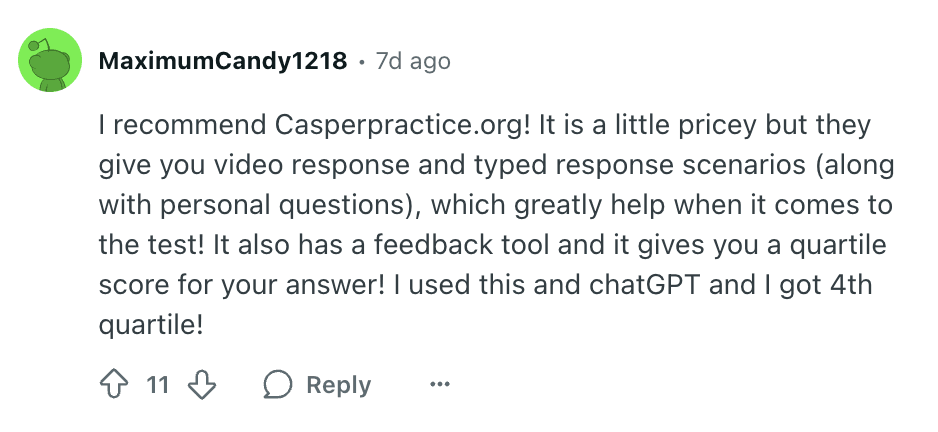 Screenshot of a Reddit comment on r/CASPerTest recommending CasperPractice.