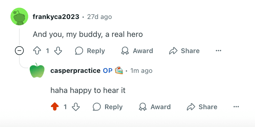 Reddit comment screenshot showing positive feedback about CasperPractice